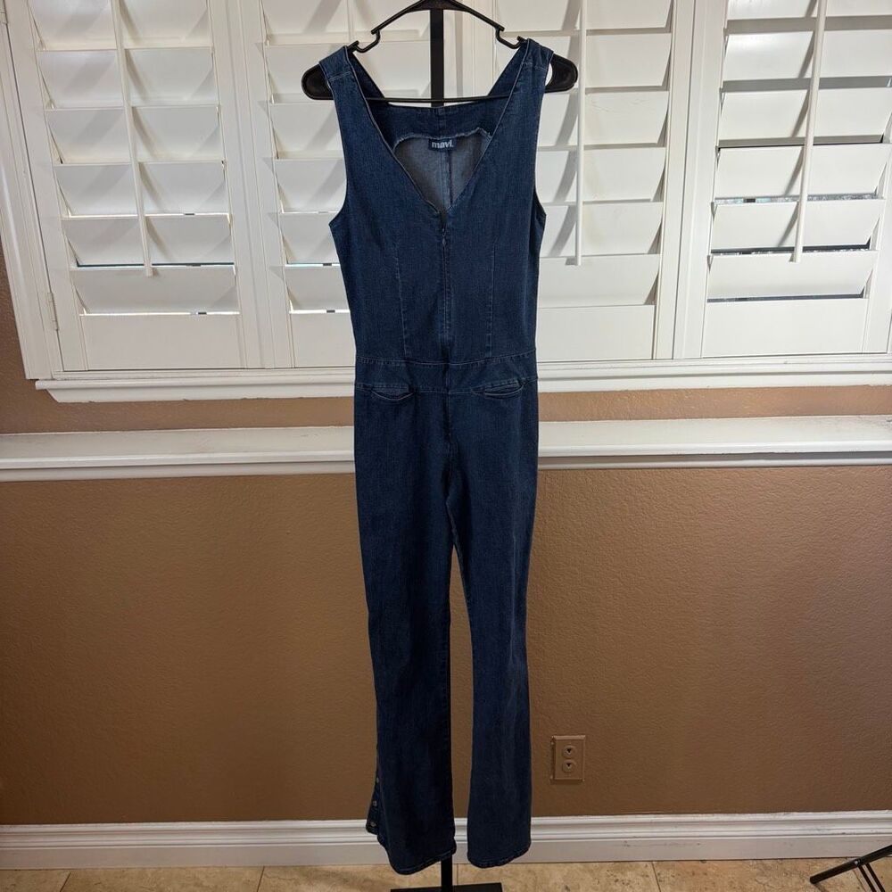 Mavi Sleeveless Denim Jumpsuit Dark Wash Blue Sz S 70s Inspired Retro Chic